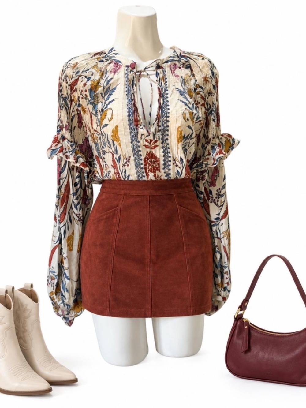 FARM Rio Cream Floral Tie Sleeve Blouse Size M
